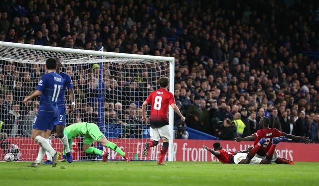 Paul Pogba scores Manchester United's second goal at Chelsea