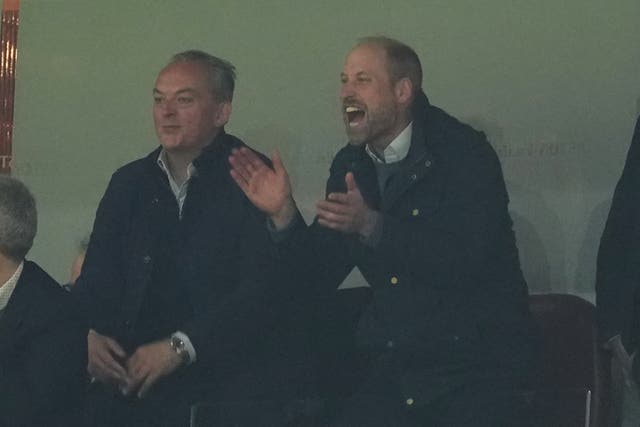 Prince William reacts at the end of the Europa League semi-final second leg after Villa reached the final