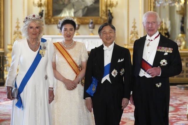 King Charles III and Queen Camilla with Emperor Naruhito and his wife Empress Masako of Japan ahead of the state banquet at Buckingham Palace