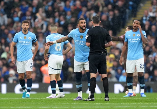 Manchester City’s Kyle Walker appeals to referee Michael Oliver