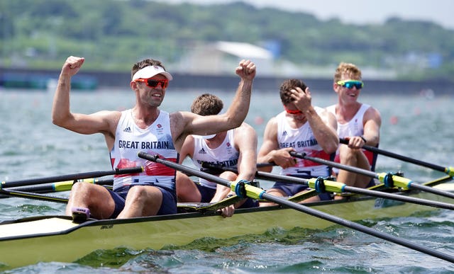 Harry Leask, Angus Groom, Tom Barras and Jack Beaumont celebrate their silver medal