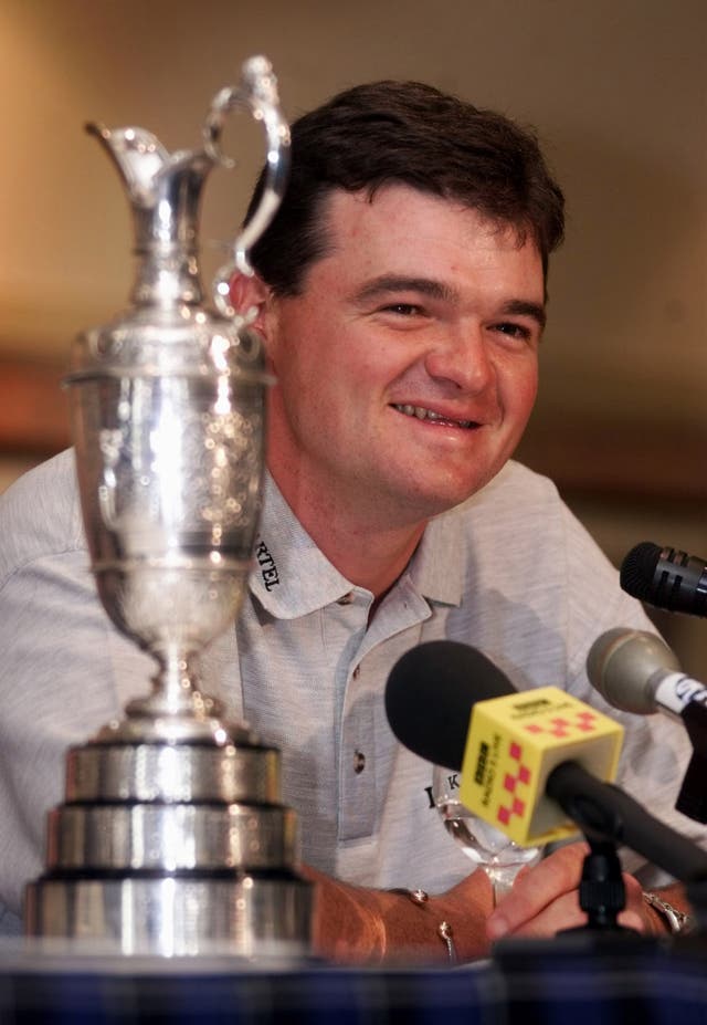 Paul Lawrie at a press conference in Aberdeen with the claret jug he received following his shock victory at the Open in Carnoustie
