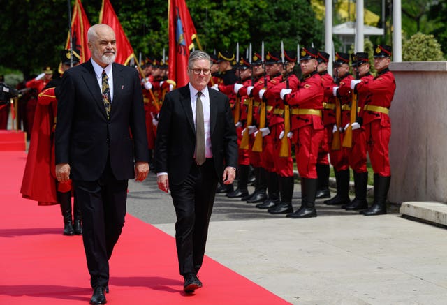 Sir Keir Starmer and Albanian prime minister Edi Rama inspect a guard of honour in Tirana, Albania