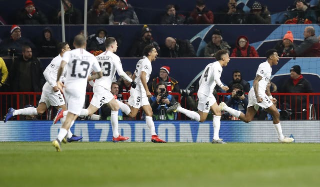 Paris St Germain''s players celebrate Presnel Kimpembe''s goal against Manchester United