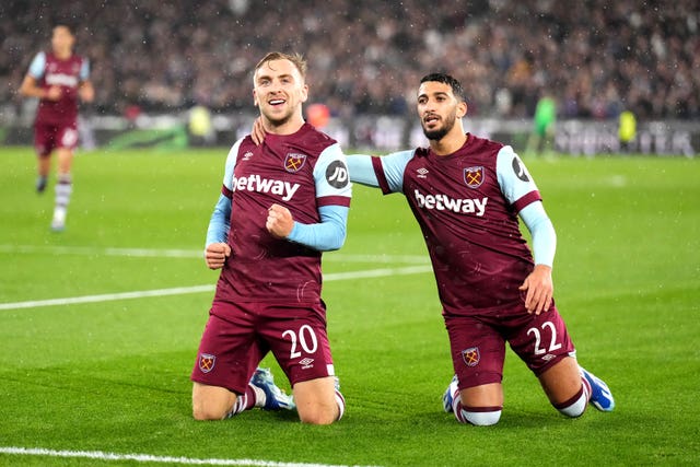 Jarrod Bowen (left) celebrates scoring West Ham''s third goal