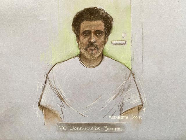 Court artist drawing by Elizabeth Cook of Ajay Pant, captain of the Russian shadow fleet vessel Smyrtos, appearing at Southampton Magistrates’ Court by video link from Bournemouth police station