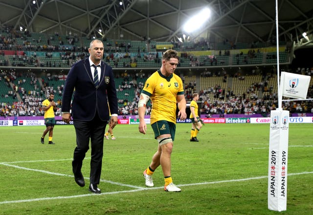 But for Australia coach Michael Cheika (left) and Michael Hooper, the World Cup is over