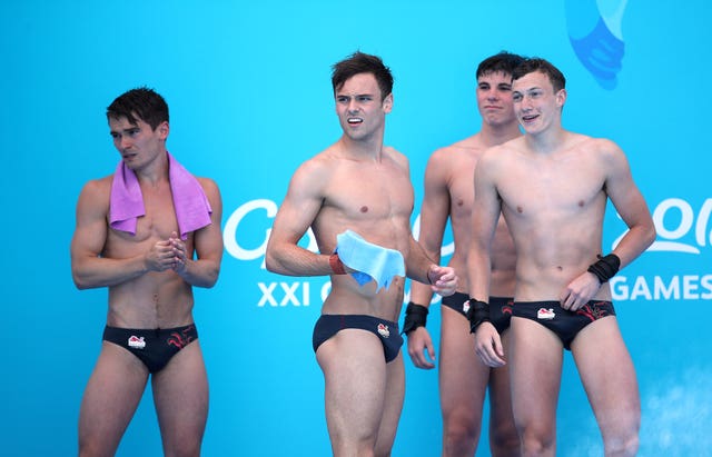 Tom Daley, second left, and Dan Goodfellow, left, won gold ahead of England team-mates Matthew Dixon and Noah Williams, right