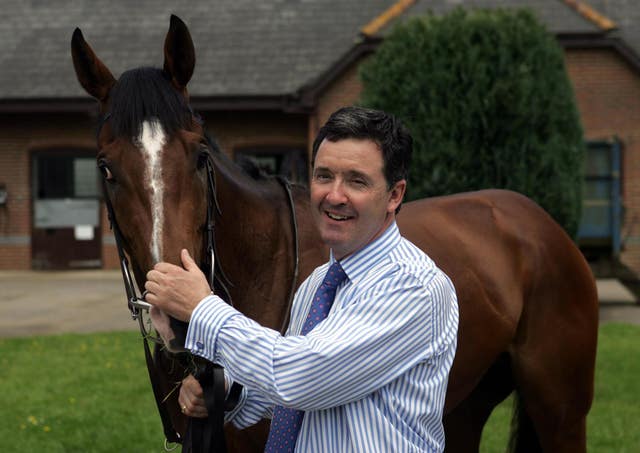 Sir Percy with trainer Marcus Tregoning at Kingswood House Stables, Lambourn 