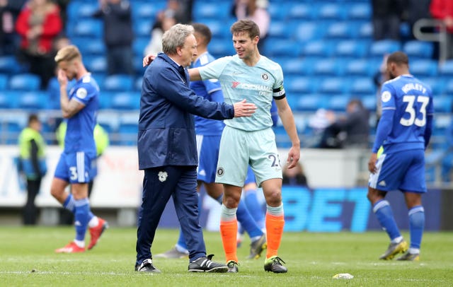 Warnock and Cesar Azpilicueta, right, speak after the Cardiff v Chelsea match