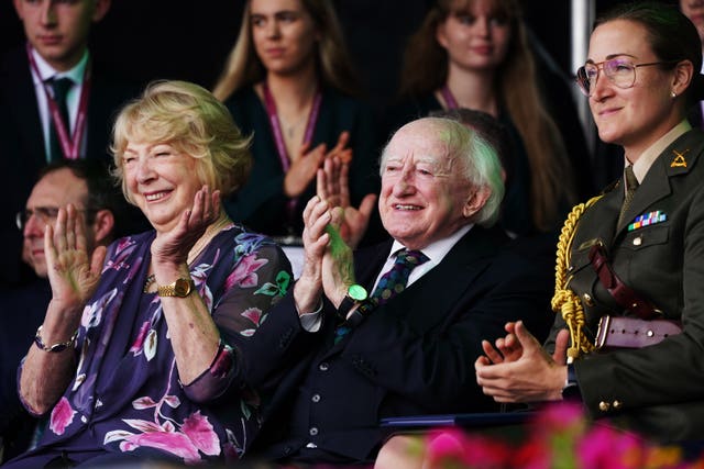 Michael D Higgins and his wife Sabina (left) attend the official opening of the Fleadh Cheoil na hEireann in Mullingar, Co Westmeath in 2022