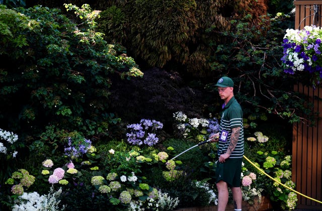 A groundsperson waters the flowers on day two of the 2025 Wimbledon Championships