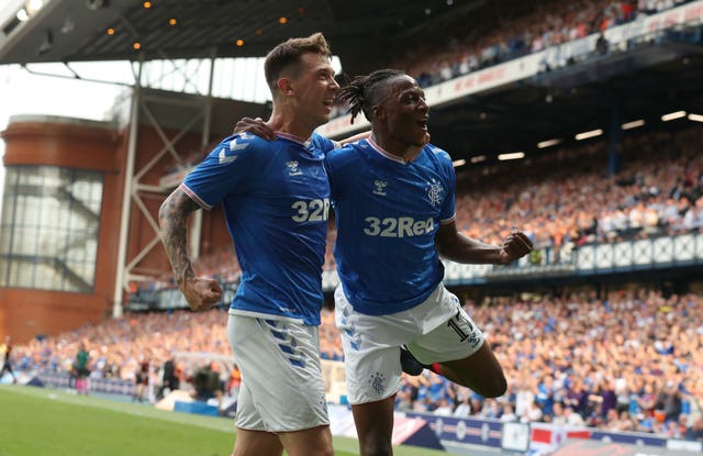 Joe Aribo celebrates scoring Rangers' opener against Progres Niederkorn