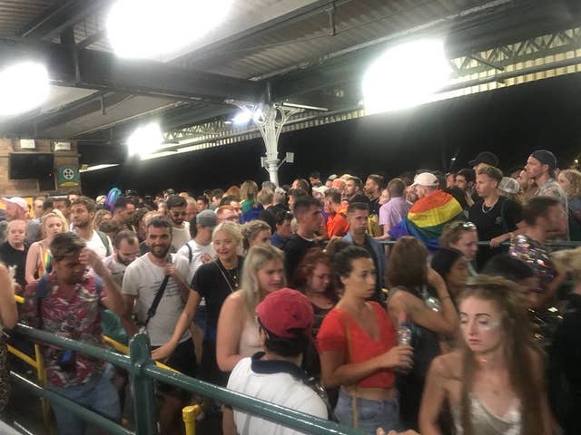 Crowds of people at Brighton railway station following Brighton Pride last year