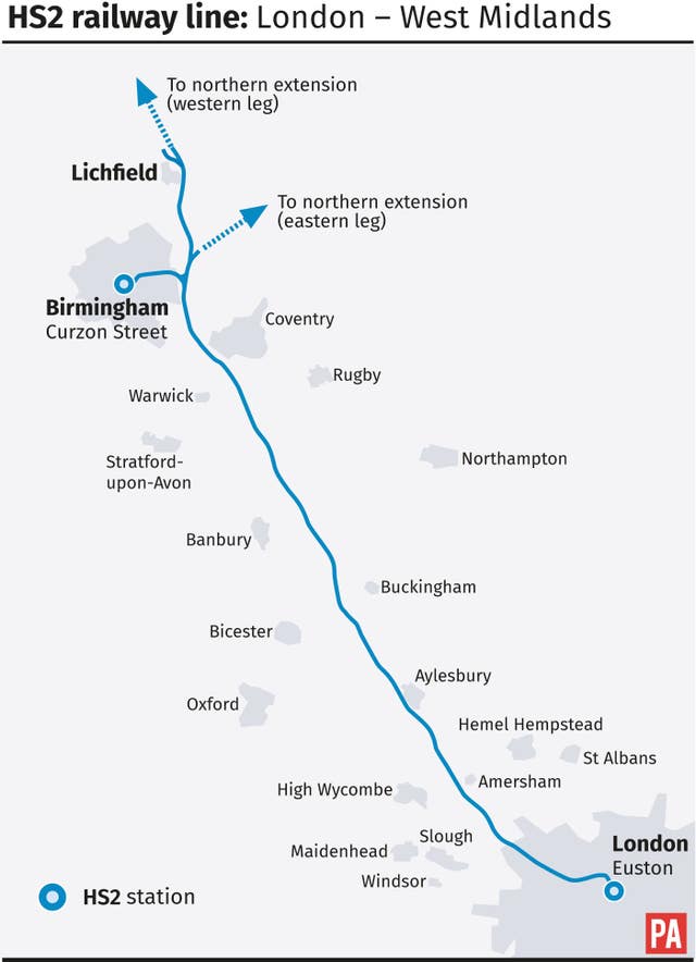 HS2 railway line: London – West Midlands (PA Graphics)