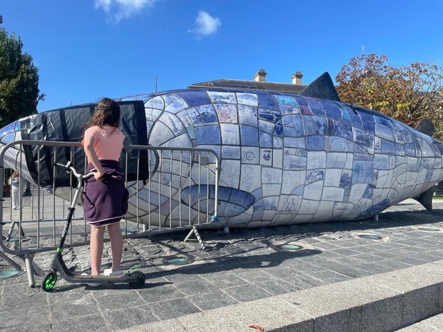 A child looks at the Big Fish sculpture, which has been partially taped off due to damage