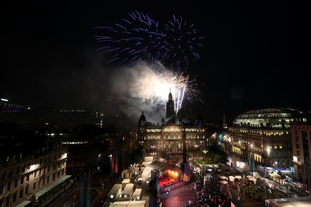 Fireworks display during the 2018 European Championships Great Big Opening Party at George Square