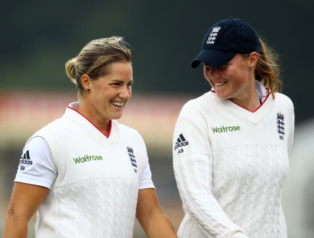Katherine Sciver-Brunt (left) and Anya Shrubsole (right) are given a Wisden send off by Ebony Rainford-Brent.