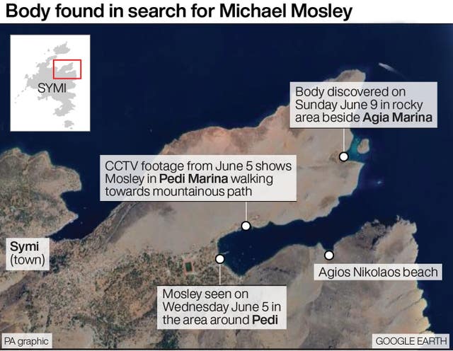 Map of Symi with key points of where Michael Mosley went missing and his body was found