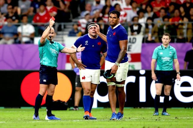Referee Jaco Peyper shows France's Sebastien Vahaamahina a red card in their quarter-final loss to Wales