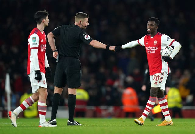 Arsenal’s Eddie Nketiah with the match ball