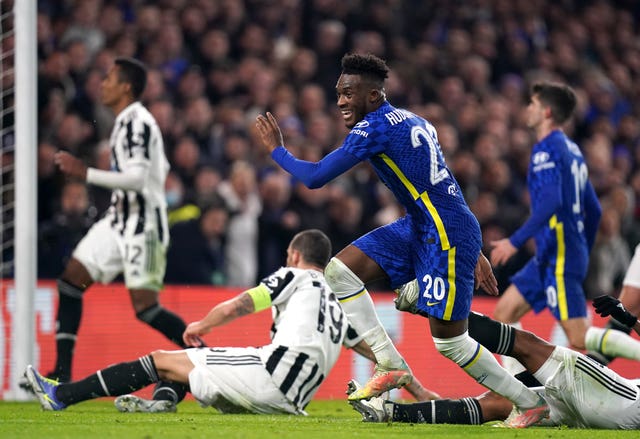 Callum Hudson-Odoi celebrates scoring in the Champions League for Chelsea