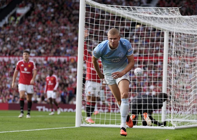 Erling Haaland celebrates after scoring Manchester City’s winner against Manchester United