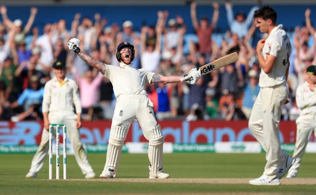 Ben Stokes celebrates hitting the winning runs as his incredible knock earned England a one-wicket win in the third Ashes Test