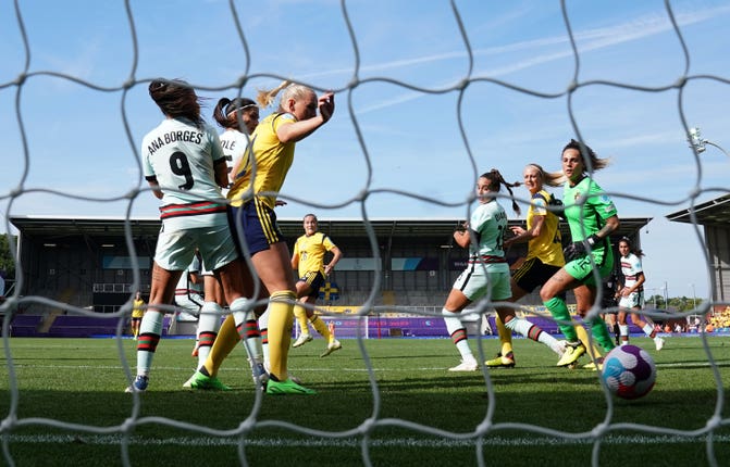 Filippa Angeldahl, background, scores Sweden’s first goal
