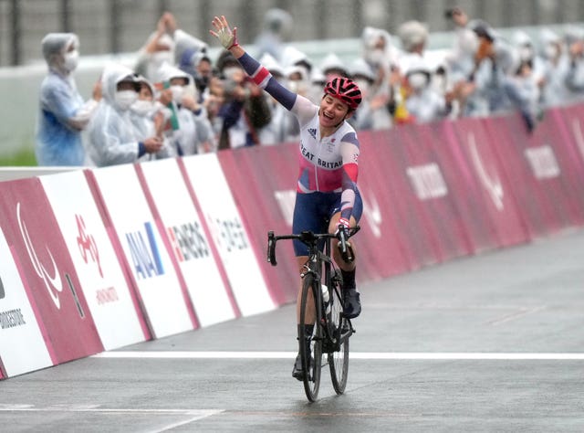 Great Britain’s Sarah Storey won gold at a rain-soaked Fuji International Speedway circuit