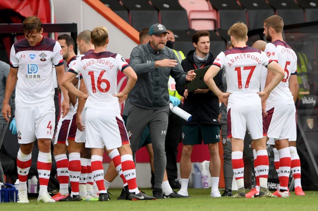 Ralph Hasenhuttl, centre, gives instructions to his Southampton side