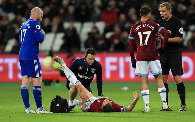 West Ham United’s Marko Arnautovic suffers a game-ending injury. (PA)