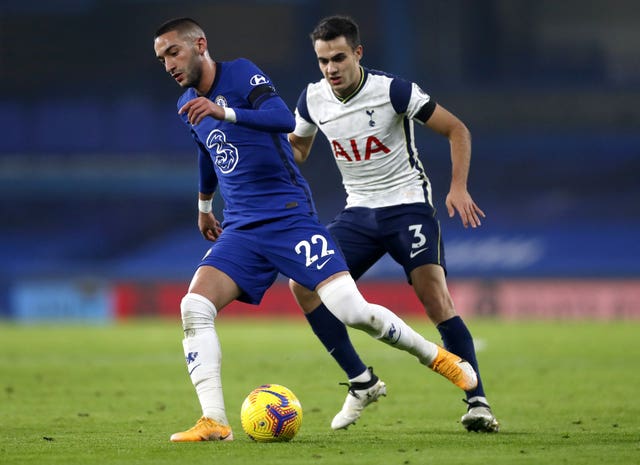 Hakim Ziyech and Tottenham's Sergio Reguilon battle at Stamford Bridge