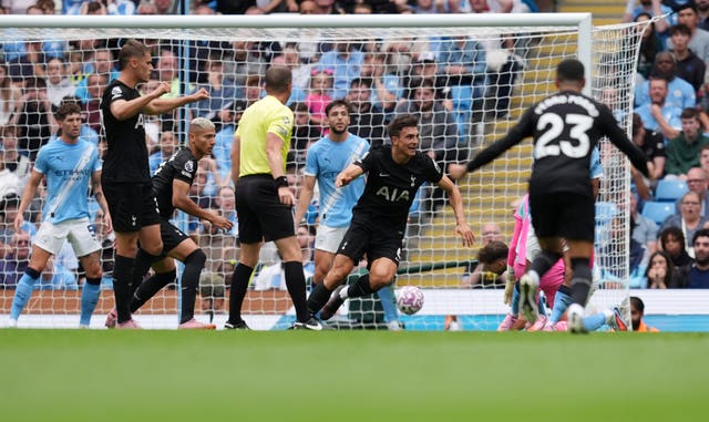 Joao Palhinha, centre right, celebrates after scoring in Tottenham’s win over Manchester City