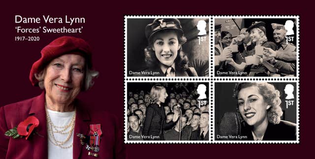 The mini-sheet of stamps showing Dame Vera Lynn in different aspects of her wartime career to mark the 80th anniversary of VE Day