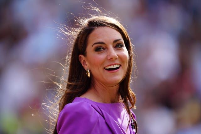 The Princess of Wales smiles at the trophy presentation for the men’s singles final at Wimbledon
