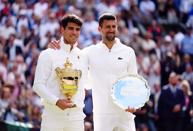 Carlos Alcaraz, left, has won back-to-back Wimbledon finals against Novak Djokovic