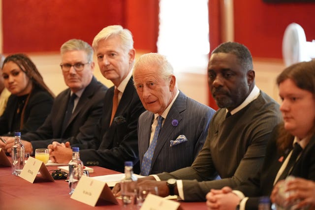Prime Minister Sir Keir Starmer, Sir Clive Alderton, the King and Idris Elba