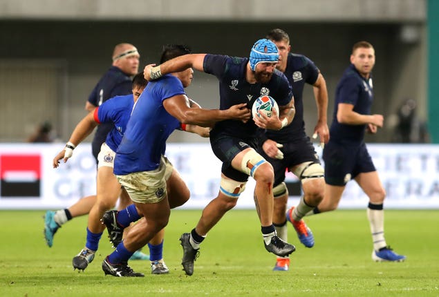 Blade Thomson carries the ball against Samoa