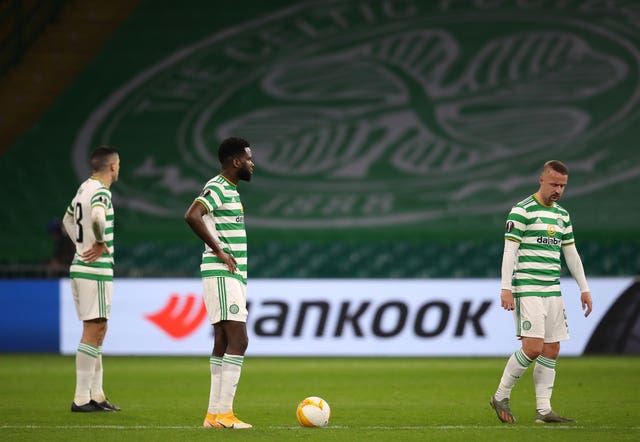 Celtic players appear dejected after Sparta Prague score their fourth goal 