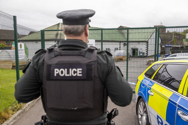 An officer from the PSNI at the scene of the shooting of Sean Fox at the clubhouse of Donegal Celtic Football Club