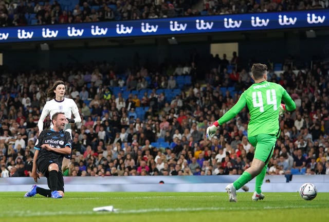 World XI's Lee Mack scores in Soccer Aid for  UNICEF 2021