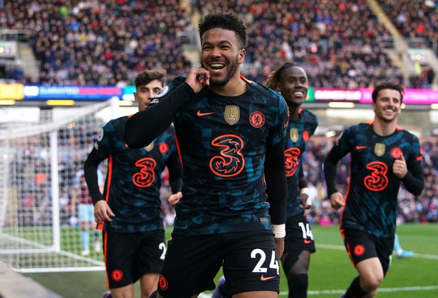 Chelsea’s Reece James (centre) celebrates scoring their side’s first goal of the game with team-mates during the Premier League match at Turf Moor, Burnley. Picture date: Saturday March 5, 2022