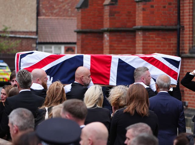 Pall bearers carry the coffin of Pc Matthew Blades into his funeral at St Joseph’s Roman Catholic Church in Hartlepool