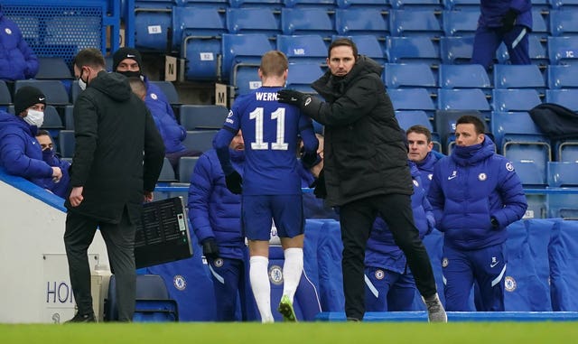 Timo Werner (left) gets a pat on the back from Frank Lampard