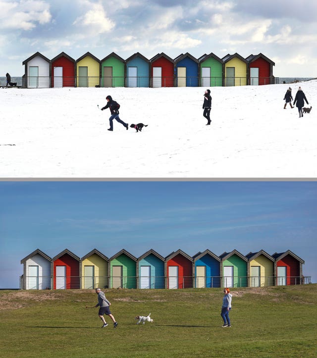 British weather is very changeable, with very different conditions on the same day in February 2018 and 2019 (Owen Humphreys/PA)