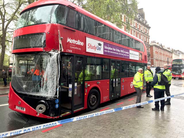 Damage to a bus that was in collision with a lamppost in London