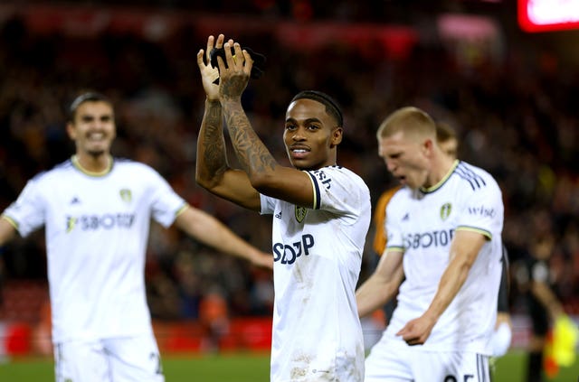 Leeds' Crysencio Summerville applauds the fans