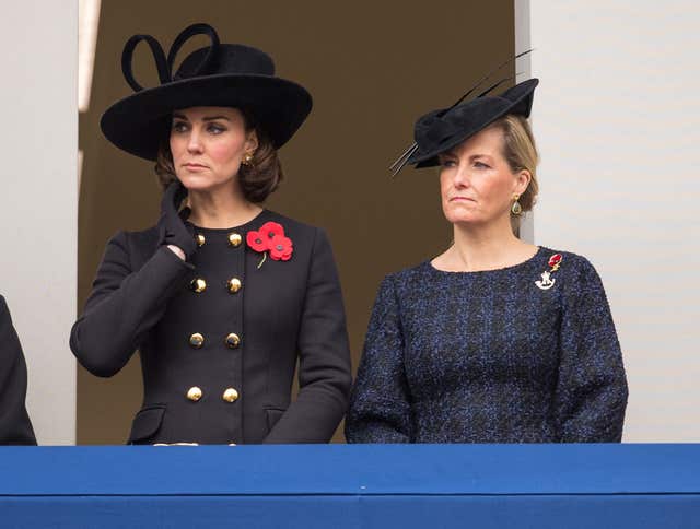The Duchess of Cambridge and the Countess of Wessex during the annual Remembrance Sunday Service (Dominic Lipinksi/PA)