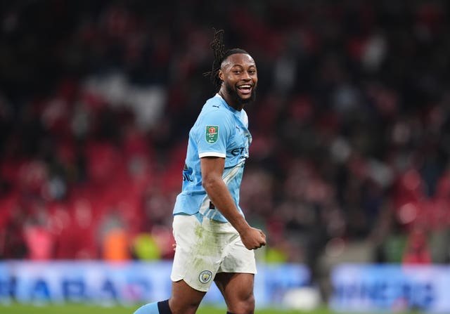 Manchester City’s Antoine Semenyo celebrates after winning the Carabao Cup